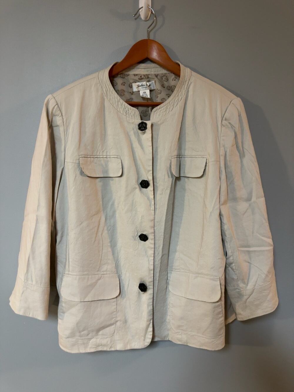 Judith Hart Woman 18W Beige Linen Blend Utility Jacket Floral Buttons Pockets